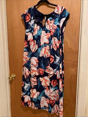 Luxology Navy Floral Midi Dress with Coral & Teal Accents